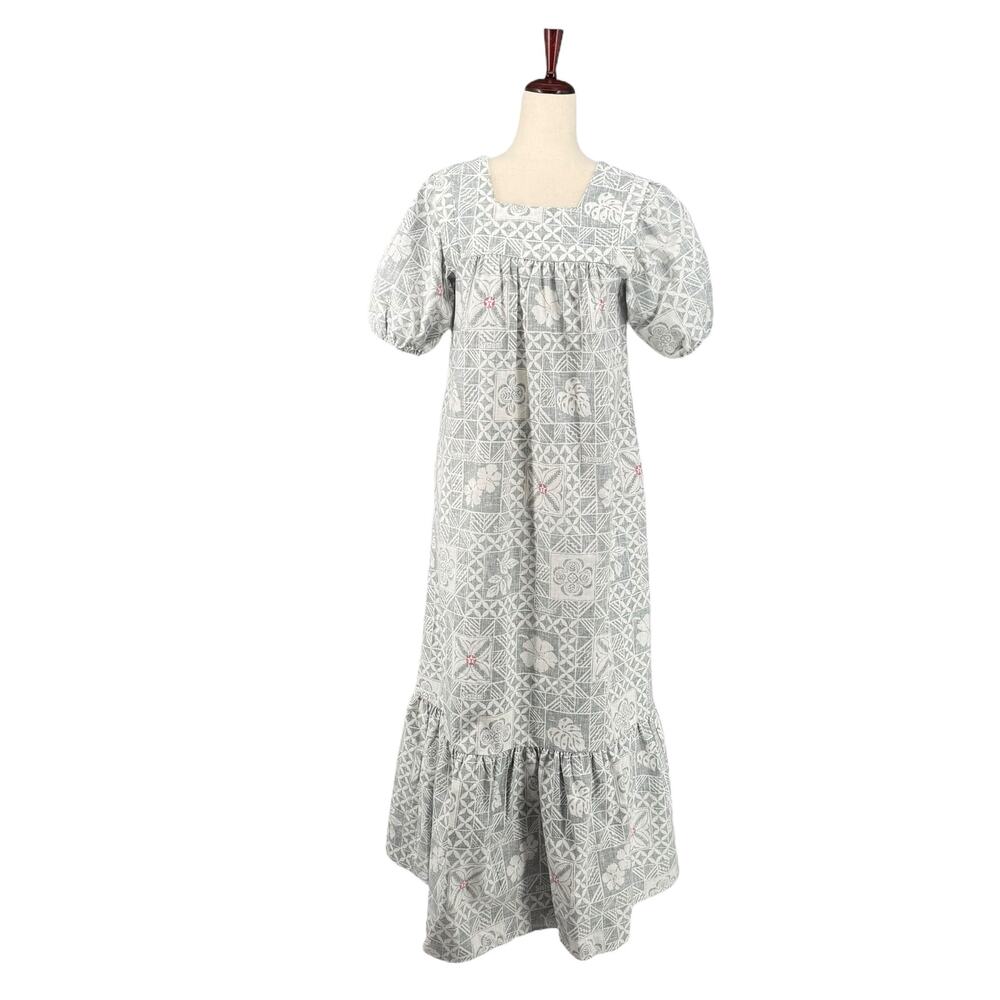 Vintage Malia of Honolulu Hawaiian Muumuu Maxi‎ Dress XS Grey Leaf Block Print